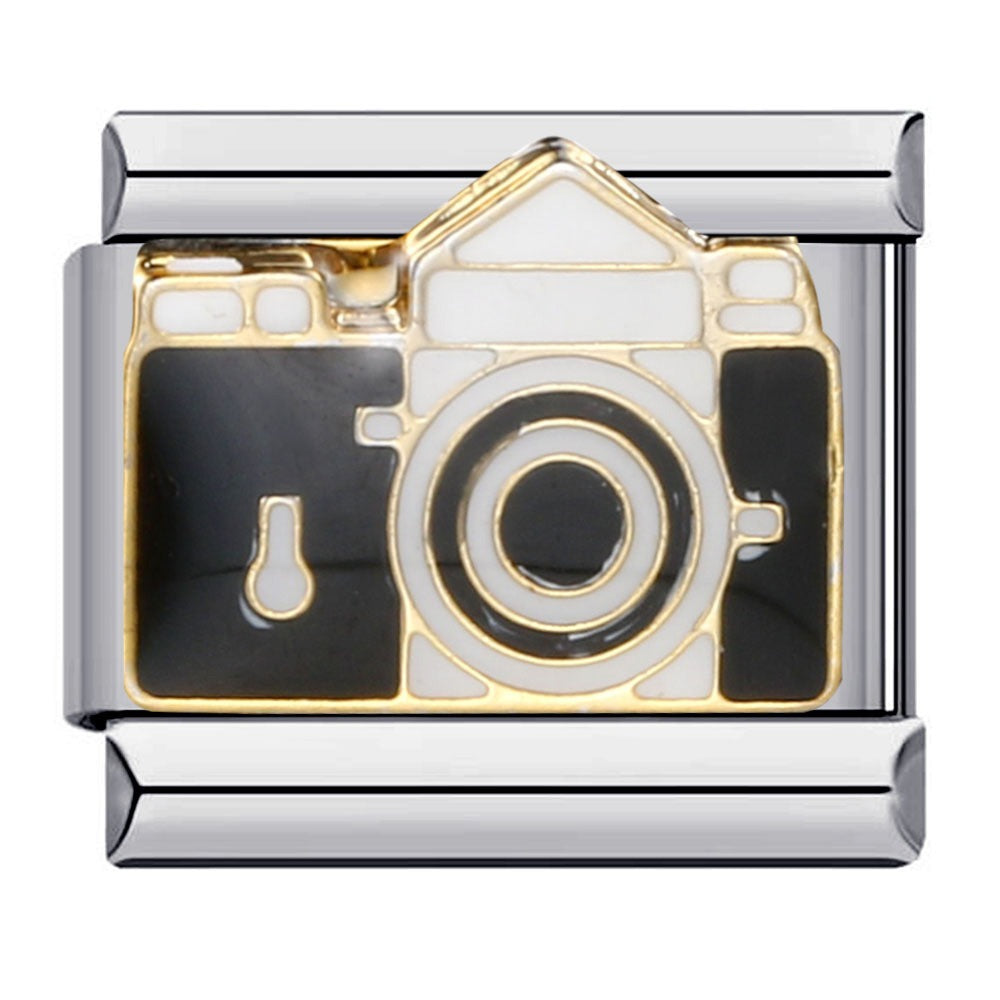 Black and white camera on a silver-toned Italian charm