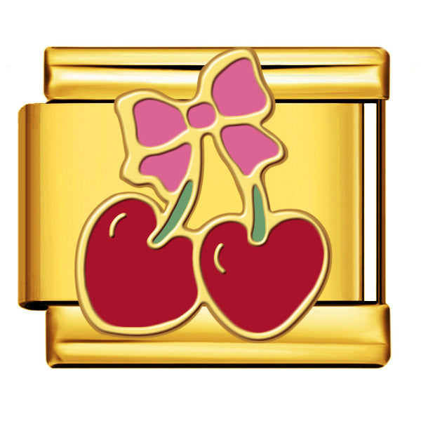 Gold Bow Cherries Italian Charm featuring two red cherries in the shape of hearts with green stems, a pink ribbon bow, and gold outlines.