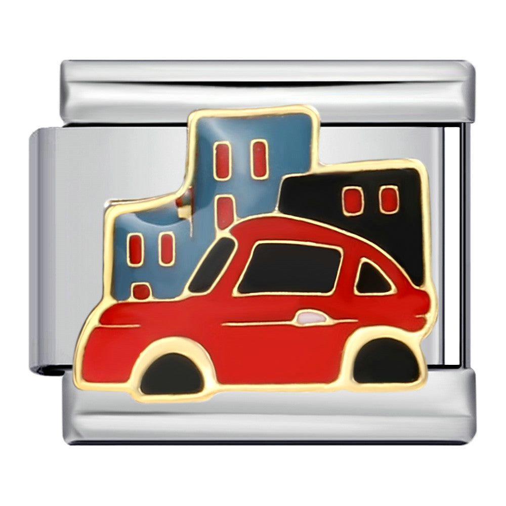 Silver charm with a red car and blue city building design