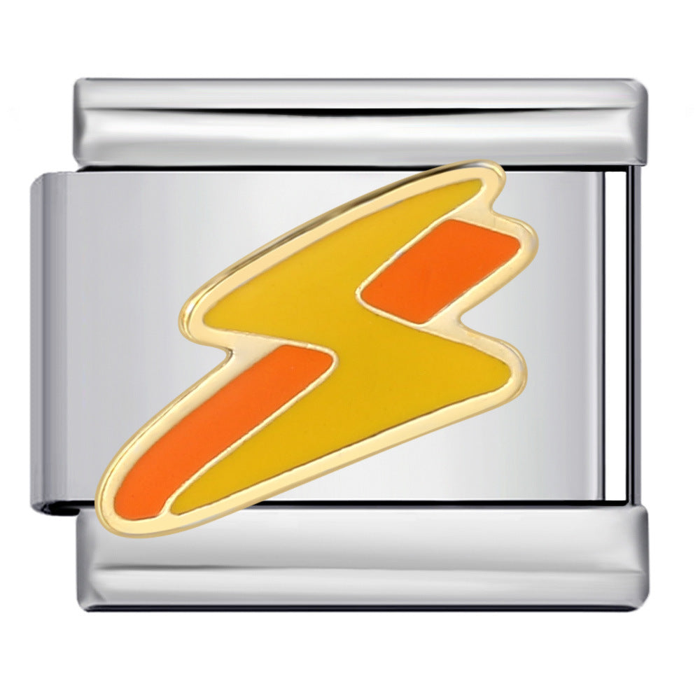 Silver-toned Italian charm link with a yellow and orange lightning bolt with a gold outline