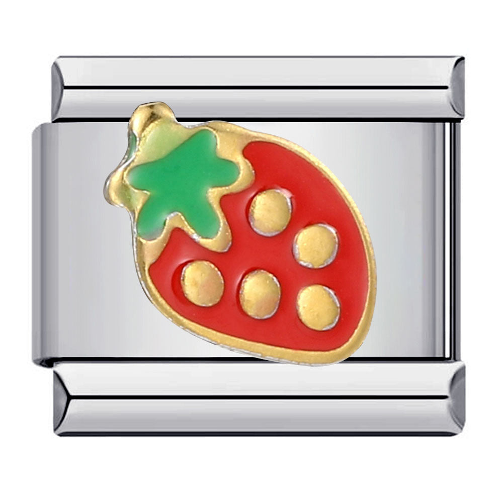 Silver charm with a red and green strawberry design 