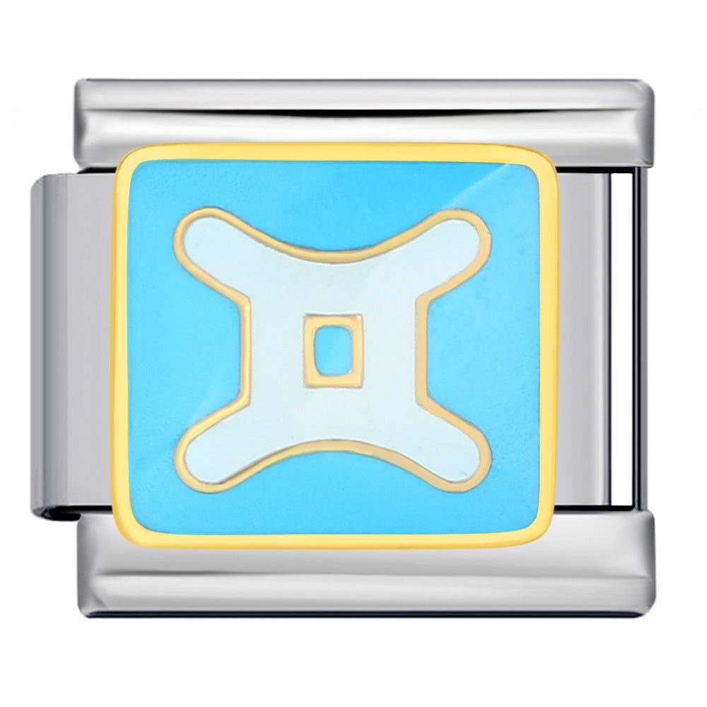 A silver-toned metal charm link featuring a square light blue enamel face with a gold border and a white Gemini zodiac symbol in the center.