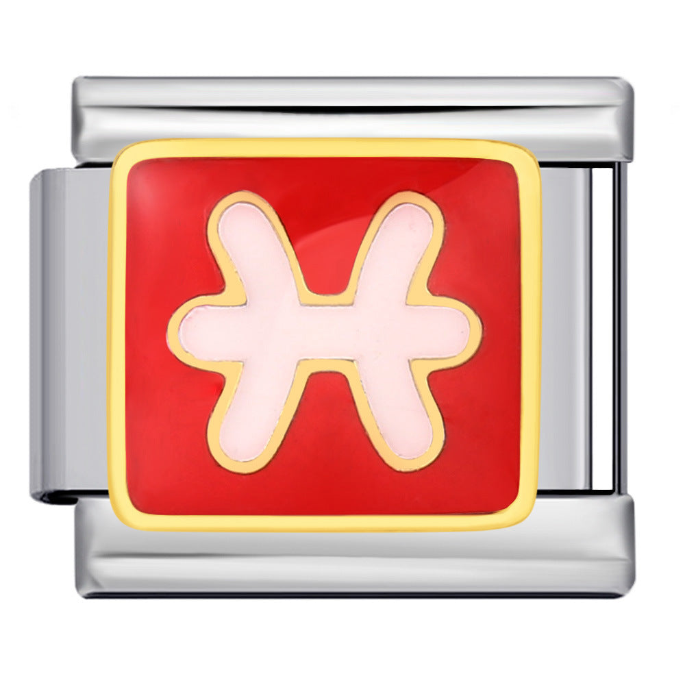 A silver-toned metal charm link featuring a red square face with a white Pisces zodiac symbol.