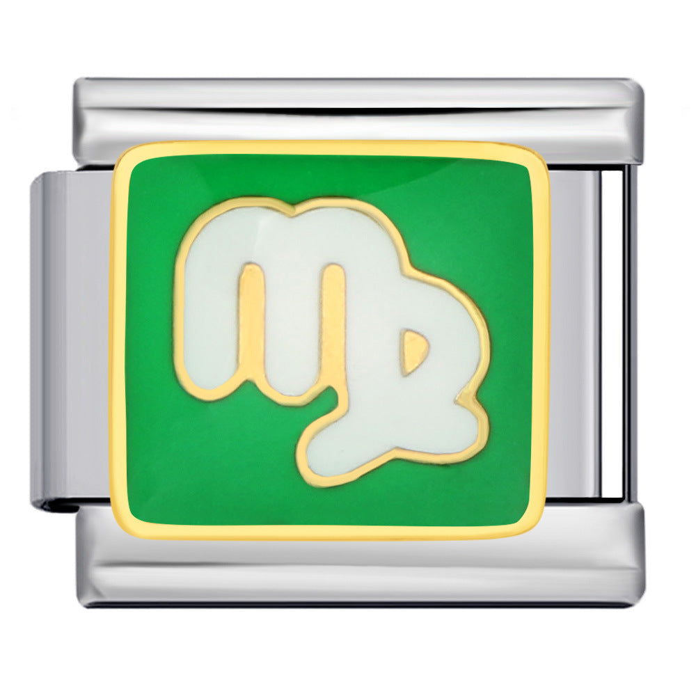 A silver-toned Italian charm link featuring a square green enamel inlay with a white and gold astrological symbol representing Virgo.