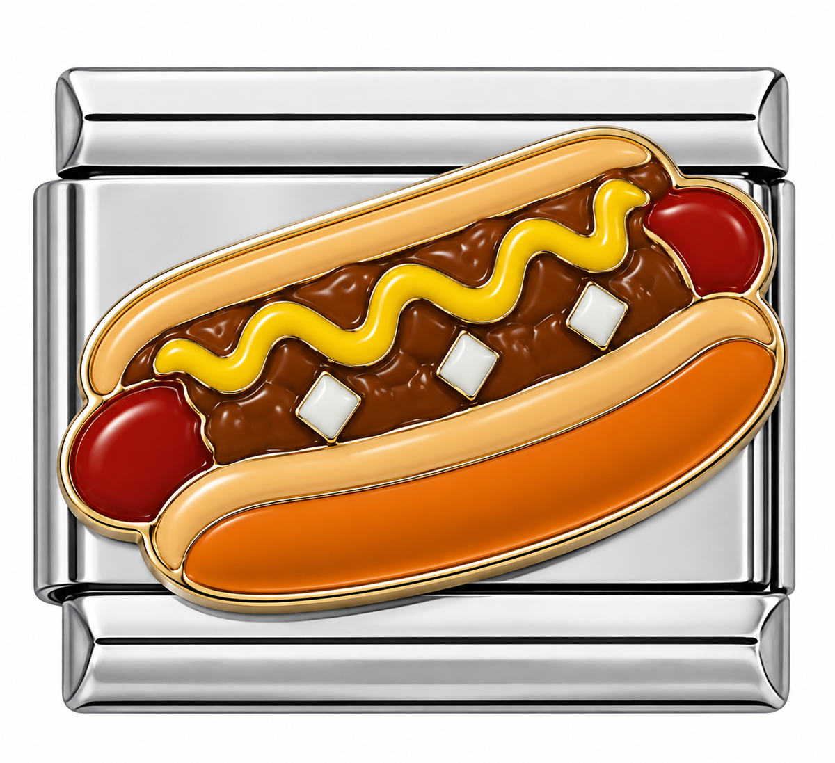 Silver-toned Italian charm link that has a coney dog on it