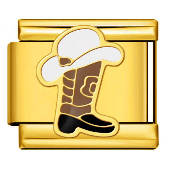 Gold Cowboy Boot Italian Charm featuring a brown western cowboy boot with a black sole, white cowboy hat, and gold outlines.