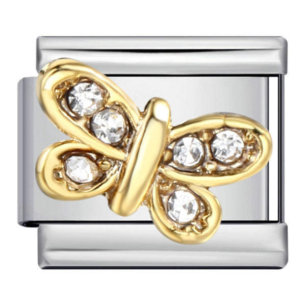A gold butterfly charm with six clear round-cut crystals, mounted on a polished silver-toned rectangular connector, shown on a plain white background.