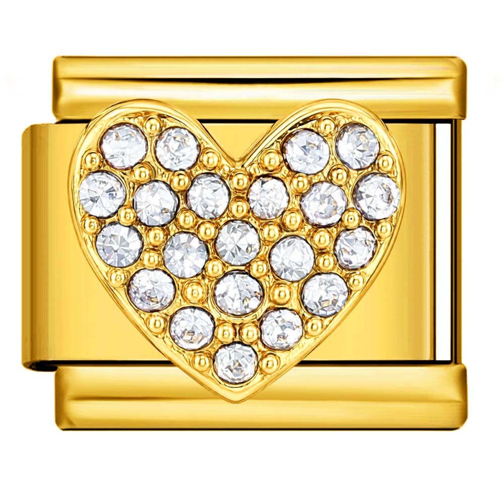Gold Crystal Heart Italian Charm featuring a raised gold heart covered in sparkling clear rhinestones on a polished gold stainless steel Italian charm bracelet link.