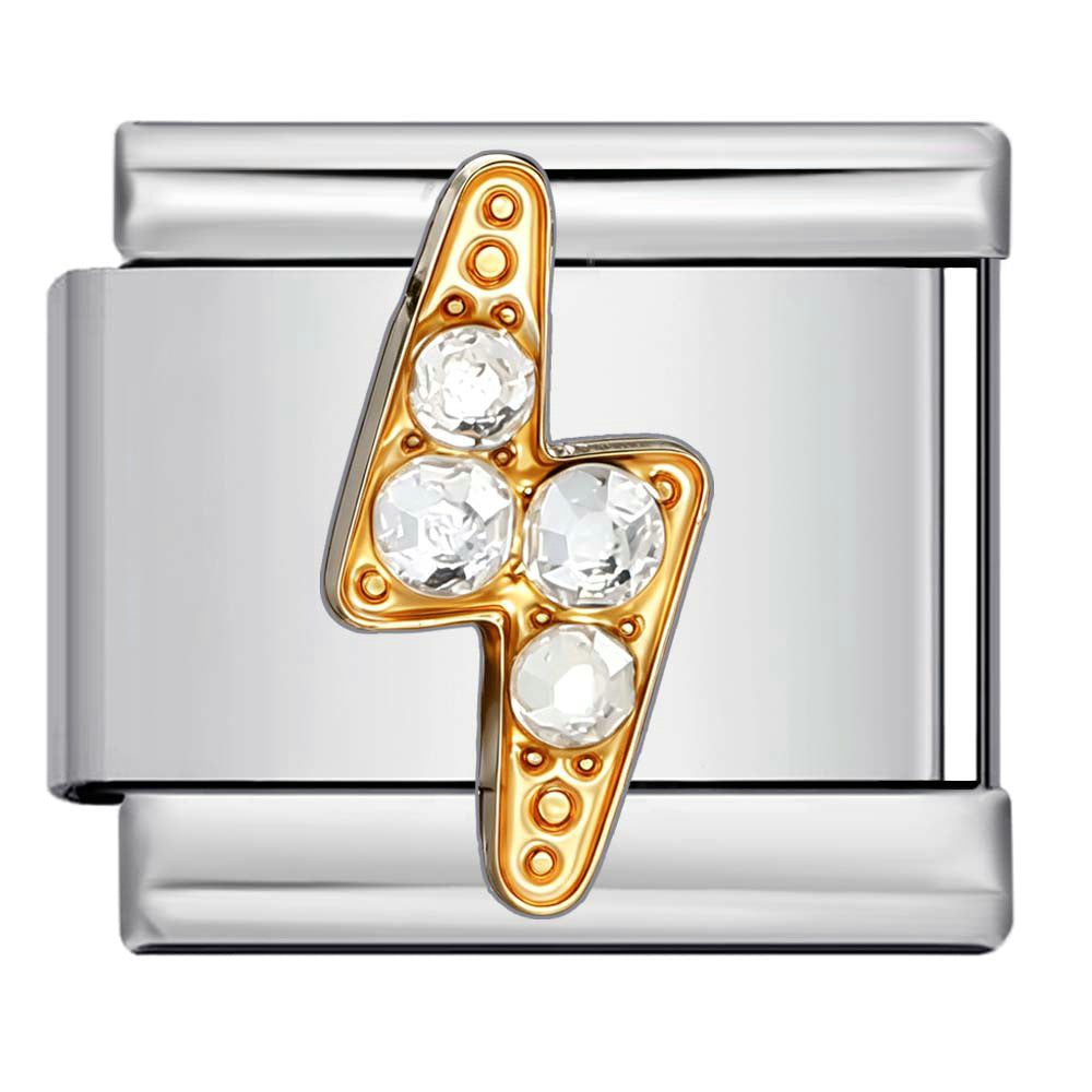 A silver-toned Italian charm link featuring a gold-toned lightning bolt motif adorned with four clear faceted crystals
