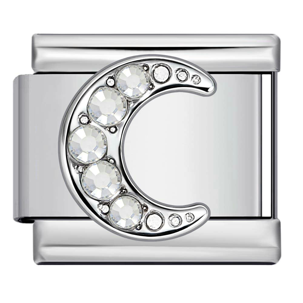 Silver charm with a crescent moon design and embedded crystals 