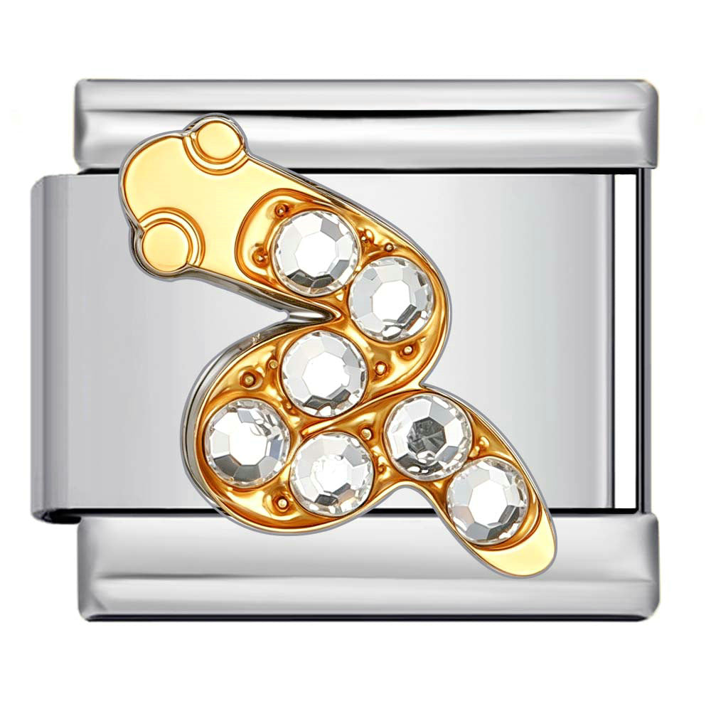 A silver-toned Italian charm link featuring a gold-toned snake design adorned with six clear faceted crystals