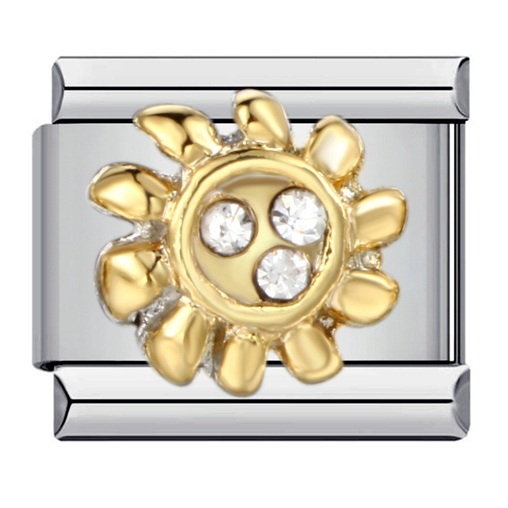 Silver-toned Italian charm link with a gold sun and three clear stones inside the center of the sun.