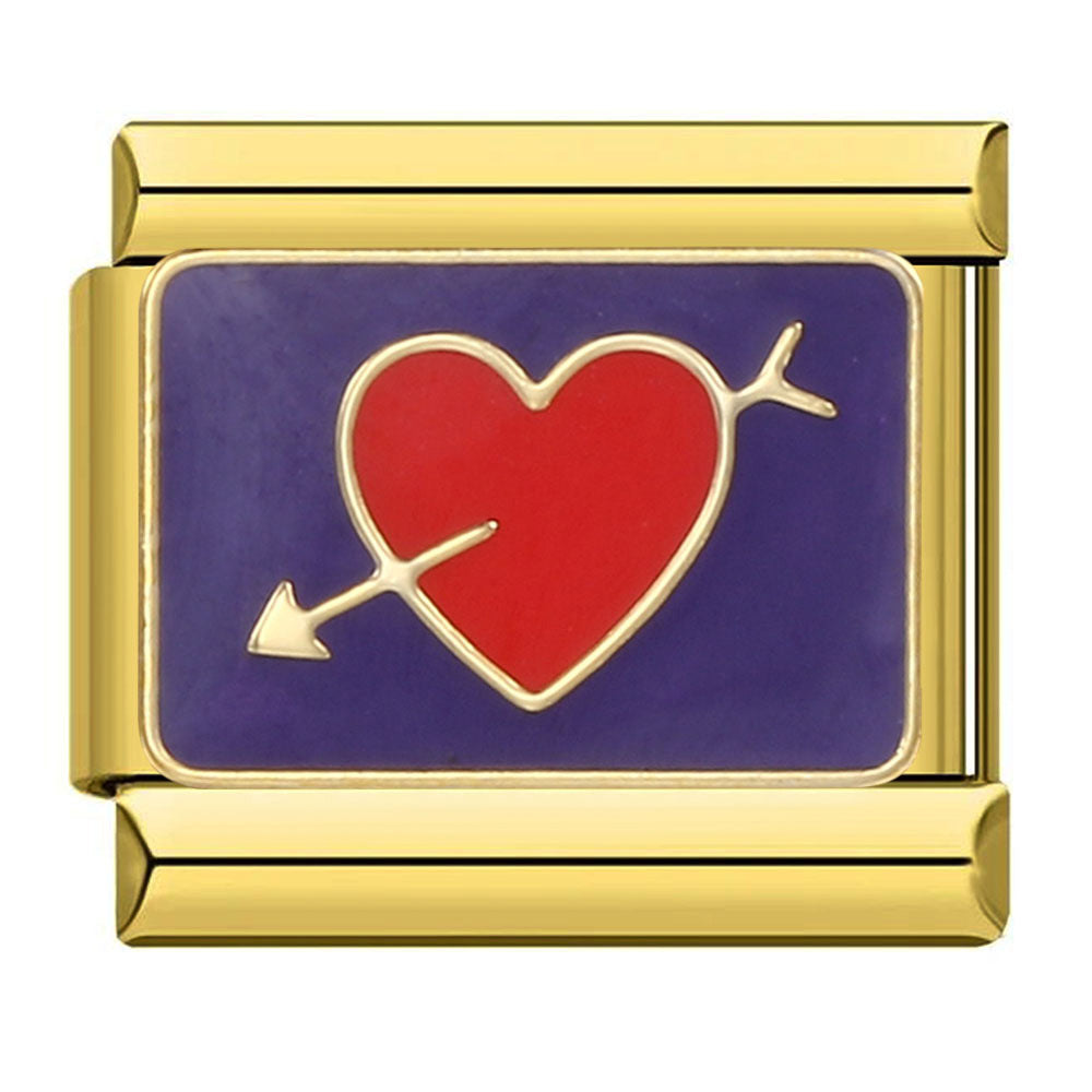 Gold-toned Italian charm with a red heart with an arrow through it on a navy blue background