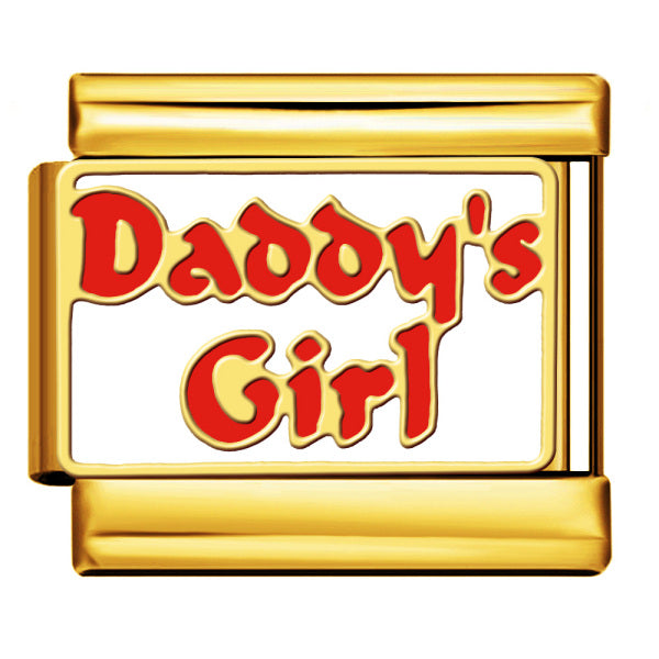 Gold toned charm with the phrase "daddy's girl" in red writing with a gold outline