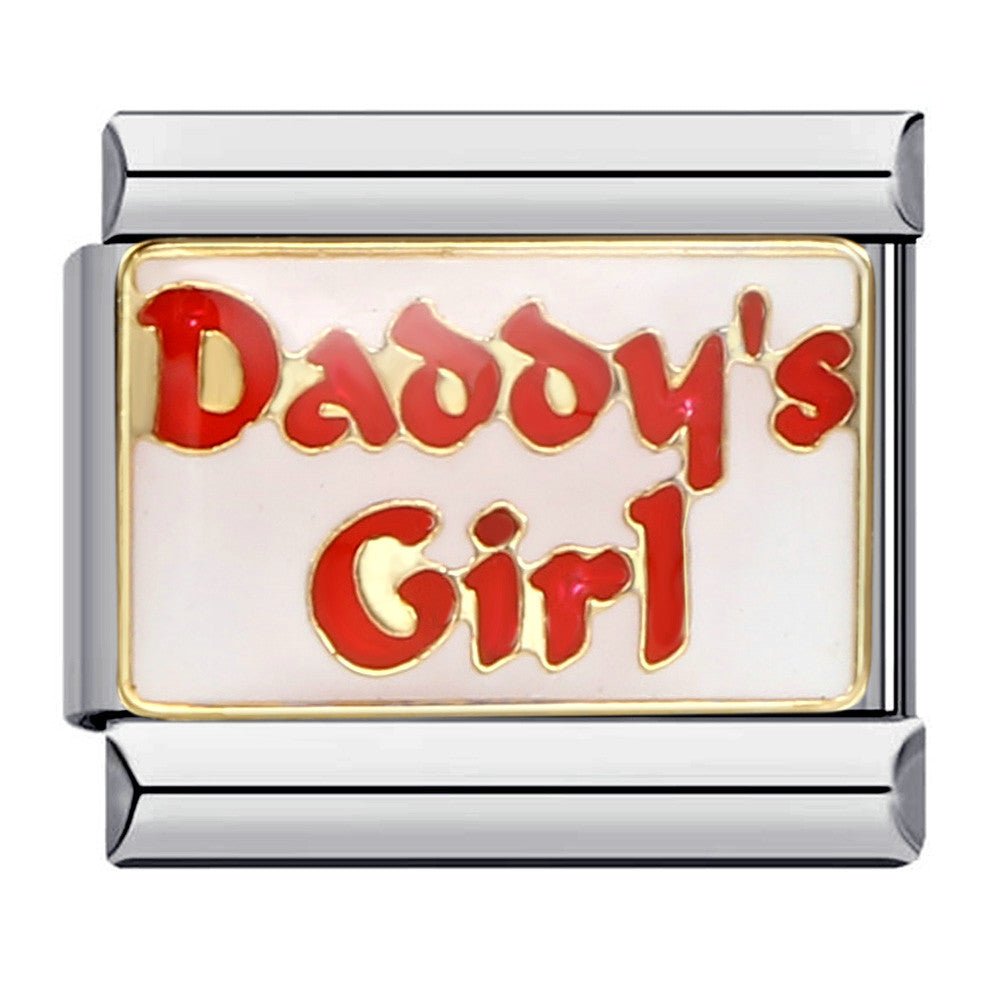 Silver toned charm with the phrase "daddy's girl" in red writing with a gold outline
