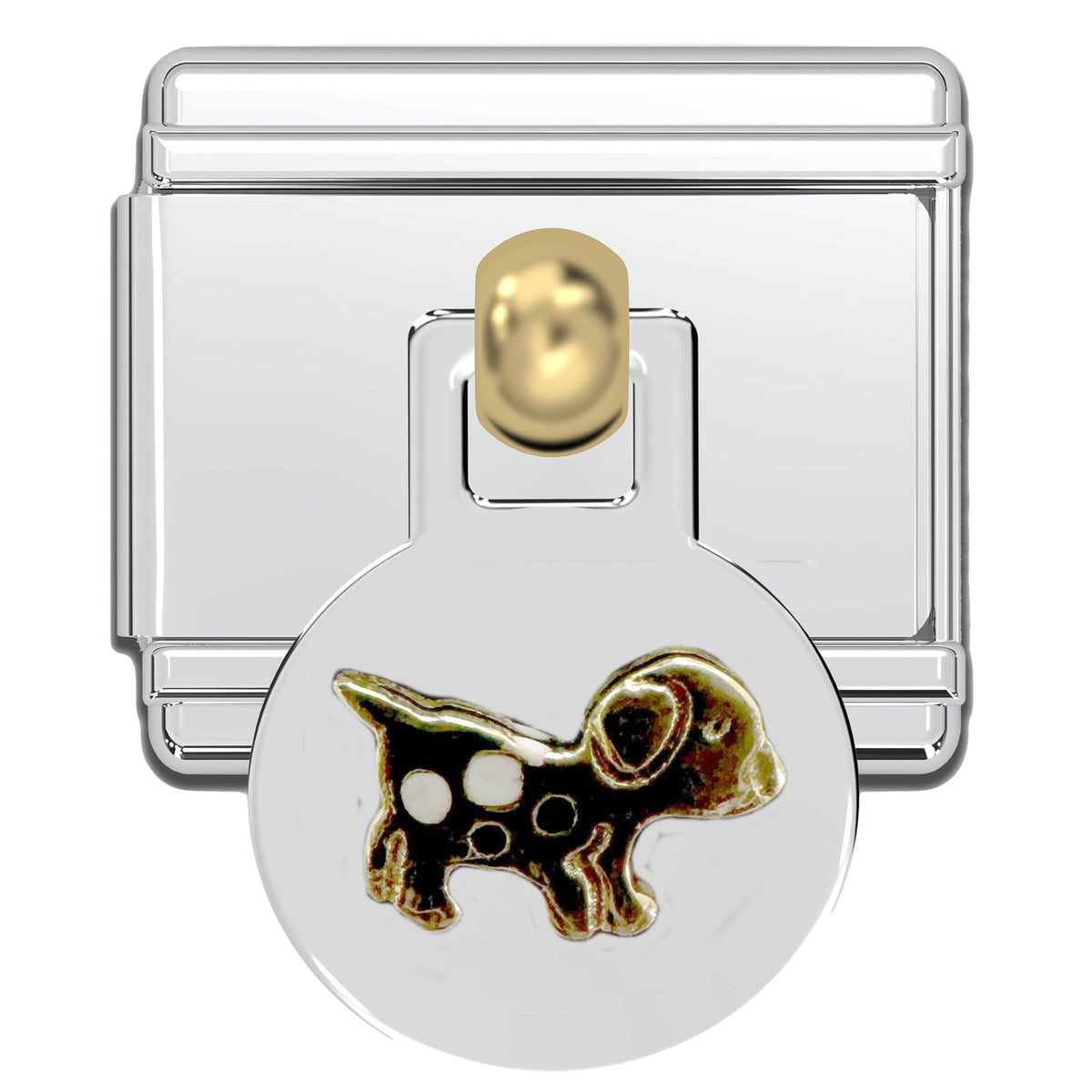 Gold dog charm dangling from a silver-toned Italian charm link