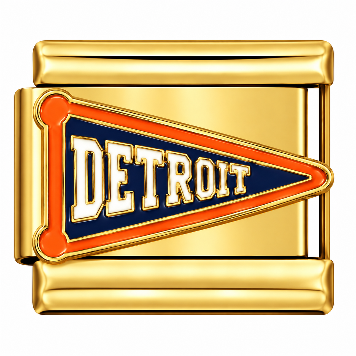 Gold-toned Italian charm with a classic pennant design in navy blue and orange with bold Detroit lettering in white