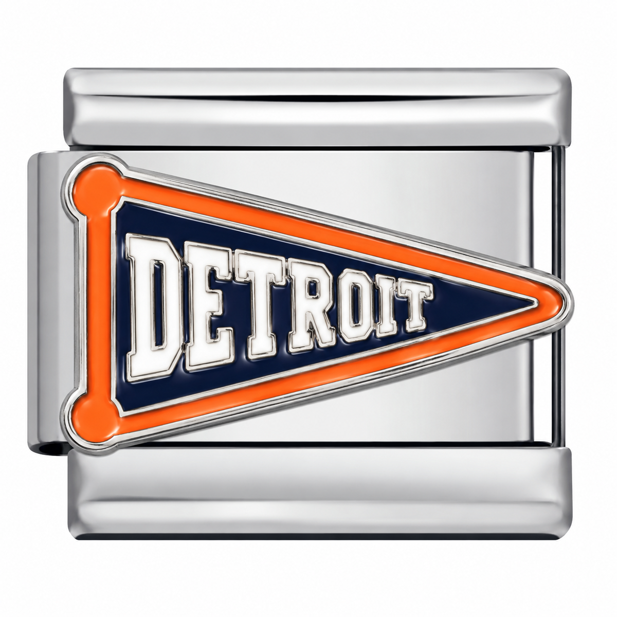 Silver-toned Italian charm with a classic pennant design in navy blue and orange with bold Detroit lettering in white