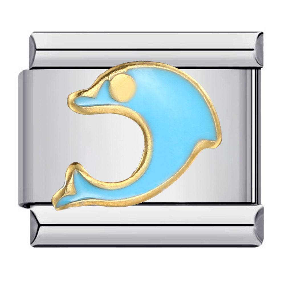 Silver charm with a blue and gold dolphin design