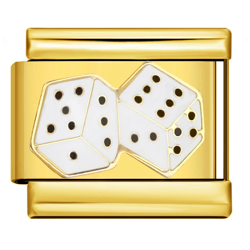 Gold Double Dice Italian Charm featuring two overlapping white dice with black dots and gold outlines on a polished gold link.