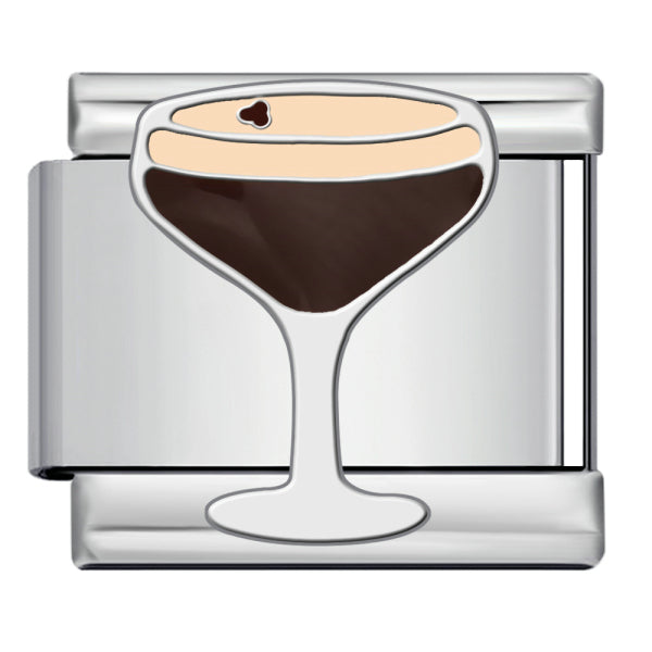 A stainless steel Italian charm link featuring an enamel cocktail glass design that looks like an espresso martini