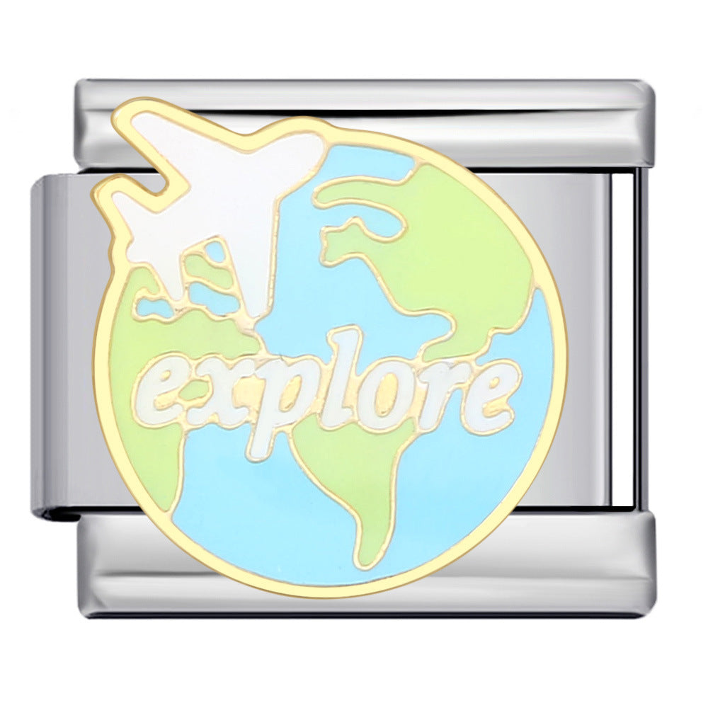 Silver toned charm with a globe that says 'explore' and a plane flying around it.