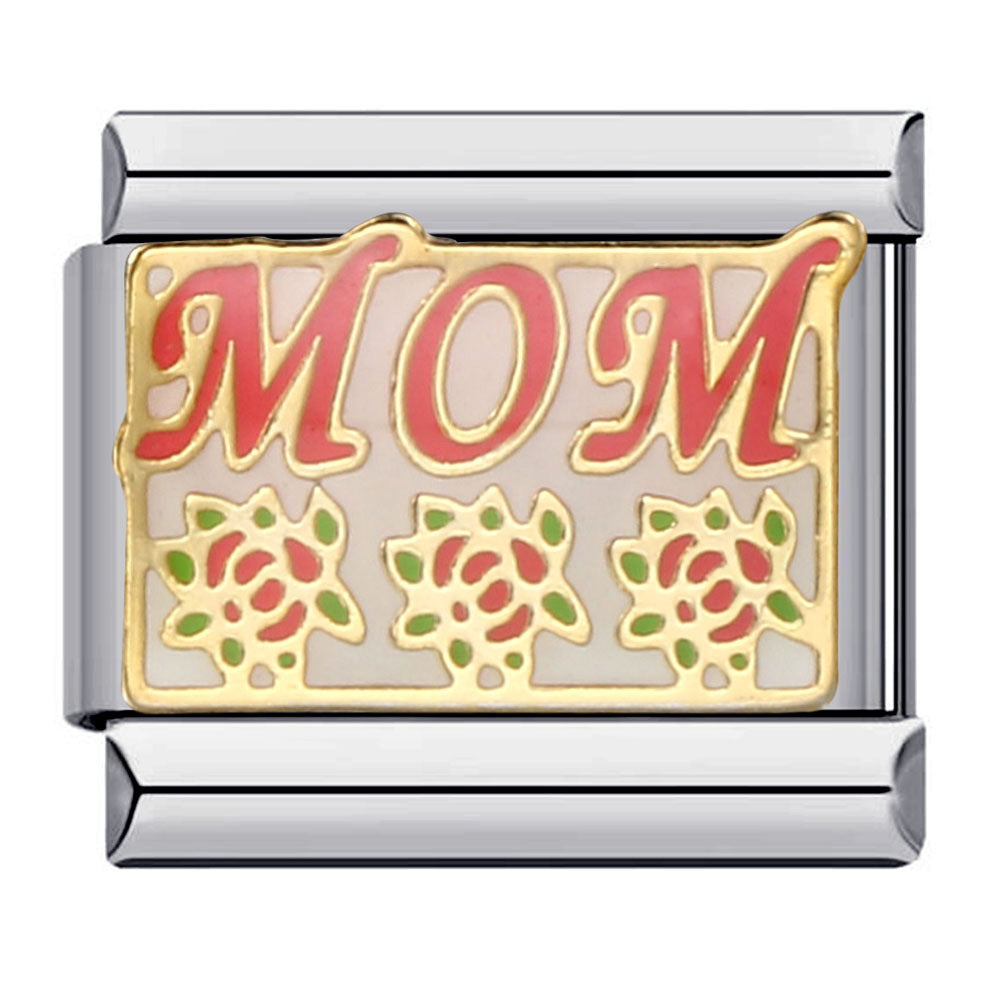 Silver charm with 'MOM' in pink and floral designs on a white background