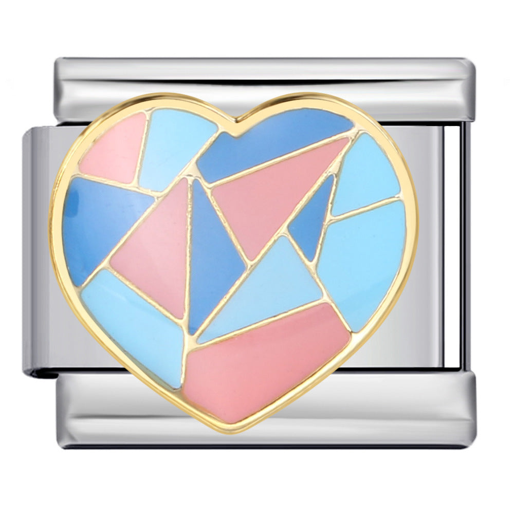 A silver-toned charm link that features a colorful mix of pink and blue geometric shapes with pretty gold outlines. 