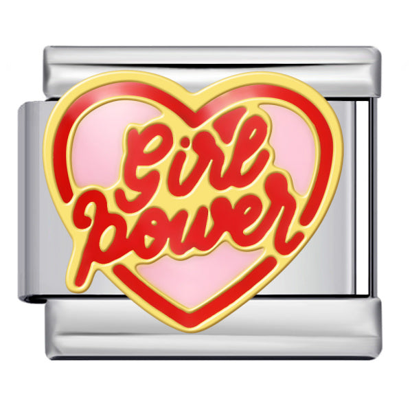 silver toned charm with a red and pink heart that says 'girl power' in a red font with a gold outline