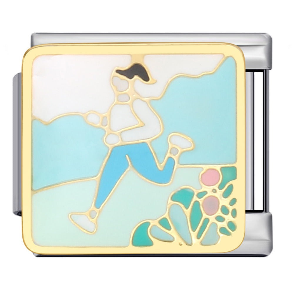 Girl on the Run Italian Charm featuring a female runner in blue leggings against a pastel outdoor landscape with floral accents and gold detailing on a silver stainless steel Italian charm bracelet link.