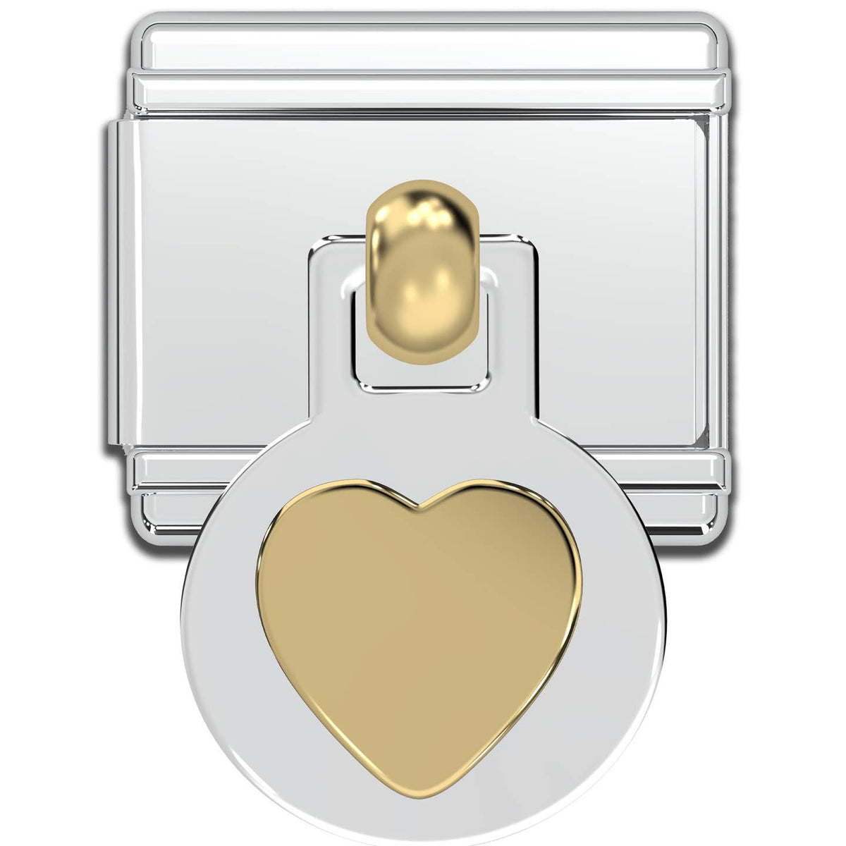 A polished silver-toned metal Italian charm link with a hanging circle tag featuring a large gold heart in the center