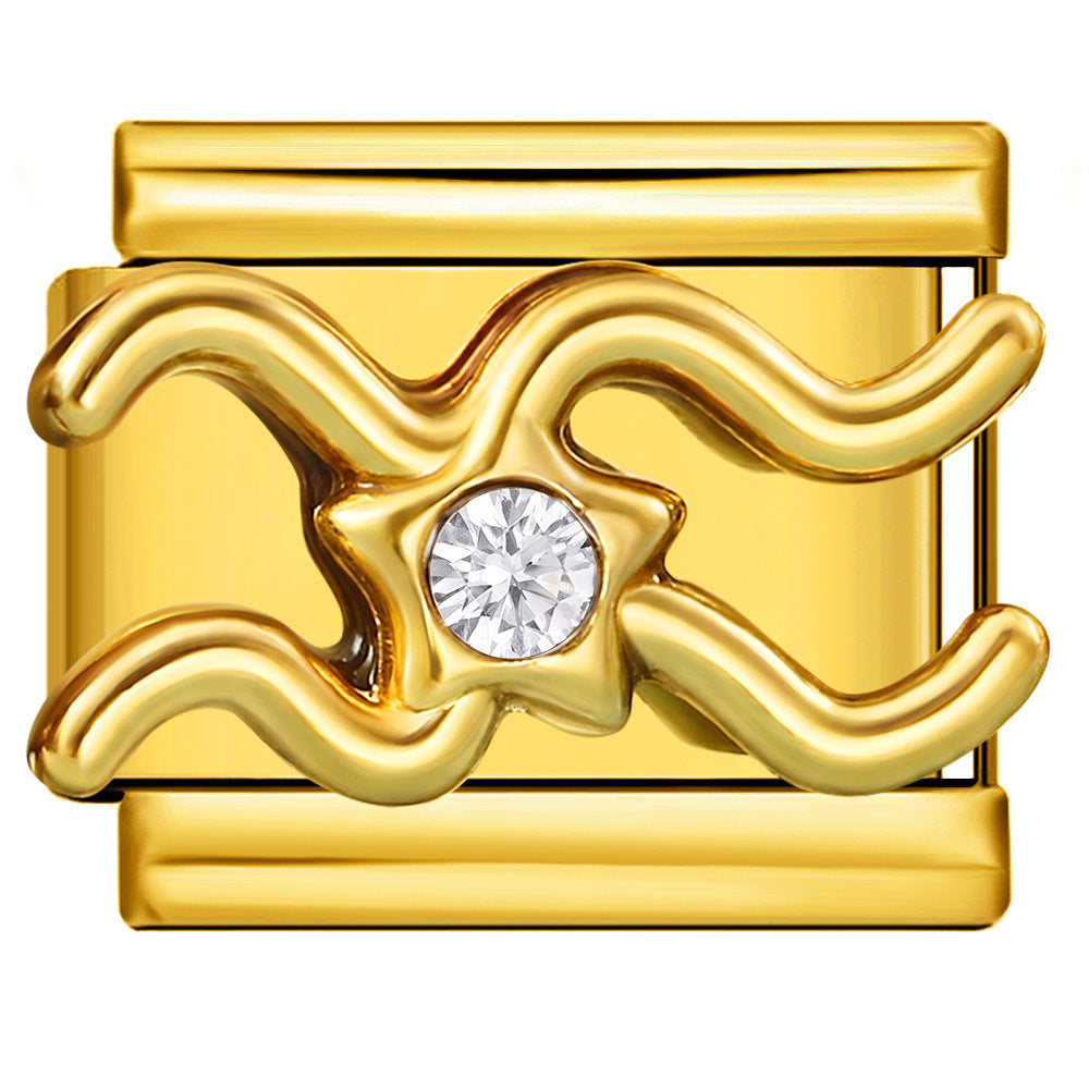 A gold charm link featuring the Aquarius zodiac sign design with a central clear round gemstone.