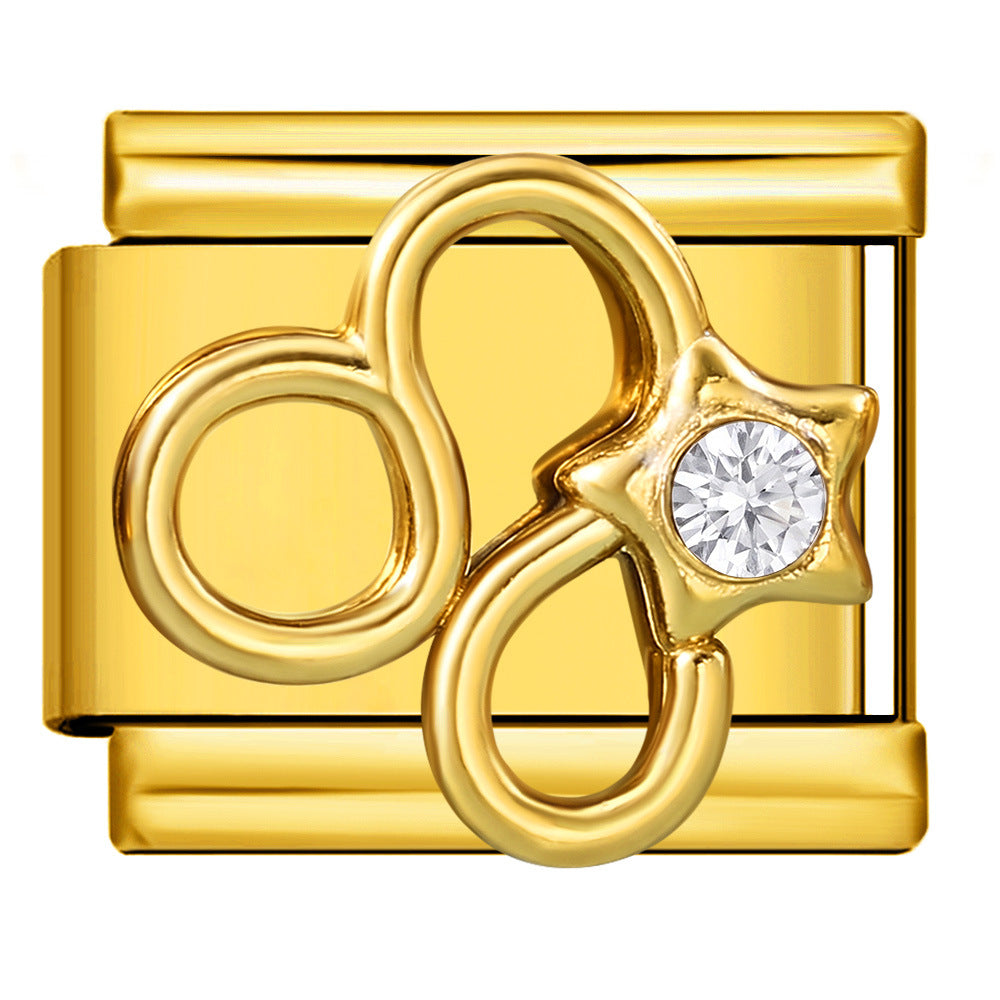 A gold-toned rectangular charm link featuring a stylized zodiac symbol for Leo, with a star-shaped setting holding a clear round-cut gemstone