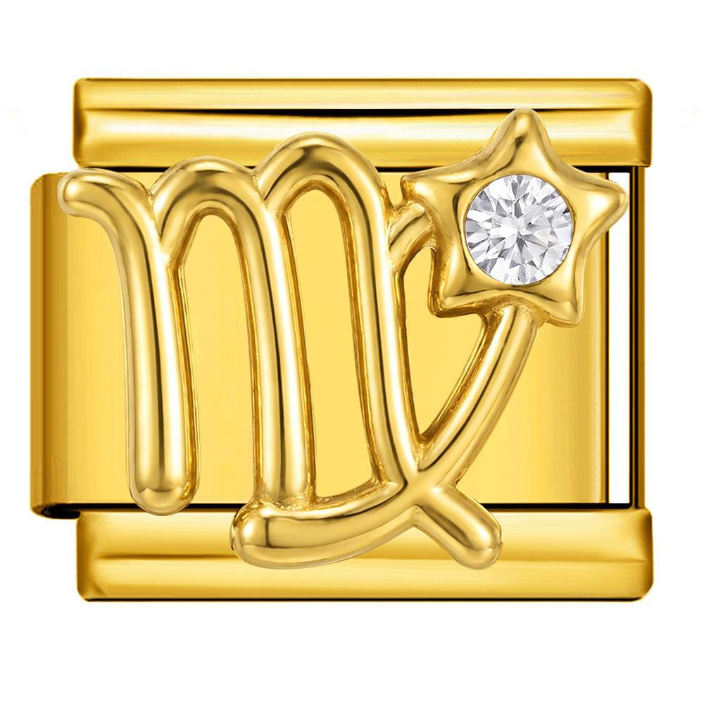 A gold-toned charm link featuring the Virgo zodiac symbol with a clear round-cut gemstone star accent