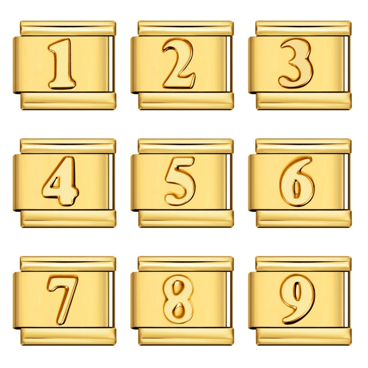 Nine gold-toned Italian charm links with one raised gold number on them, numbers zero through nine.