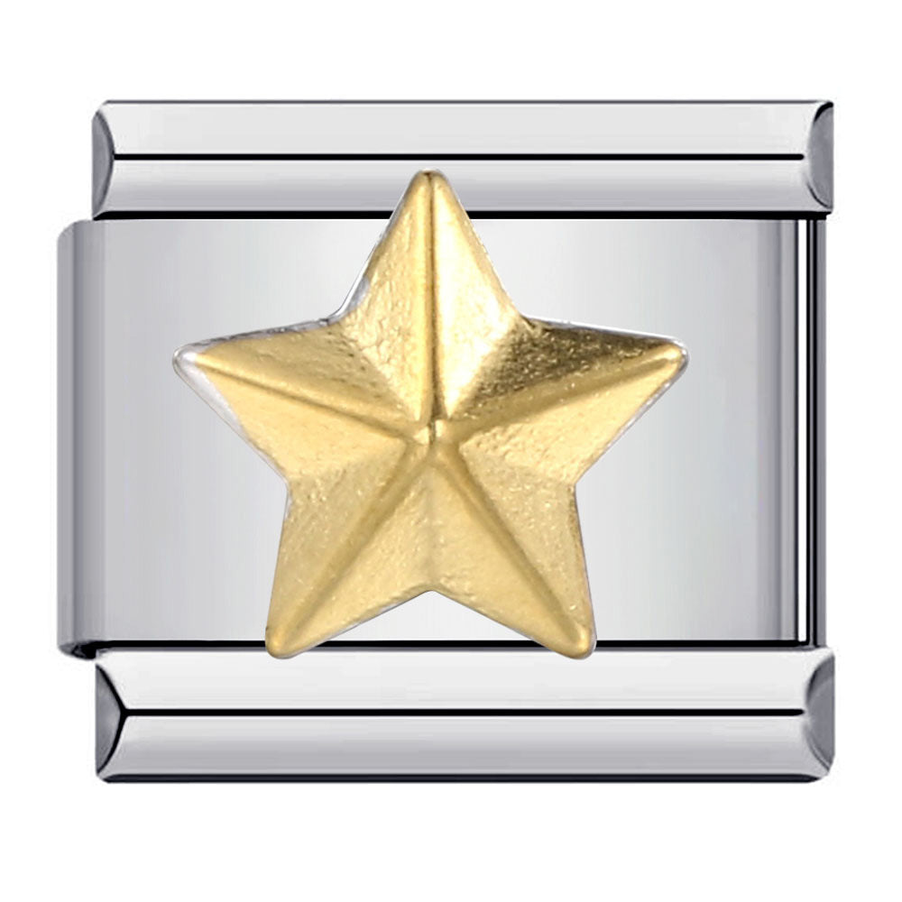 A silver-toned rectangular charm link featuring a textured gold five-point star in the center