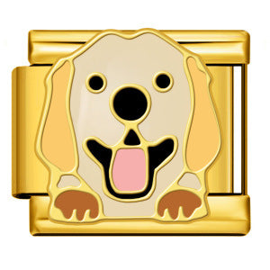 A gold-toned Italian charm link featuring a stylized golden retriever dog face and body in gold, beige, black, and pink enamel.