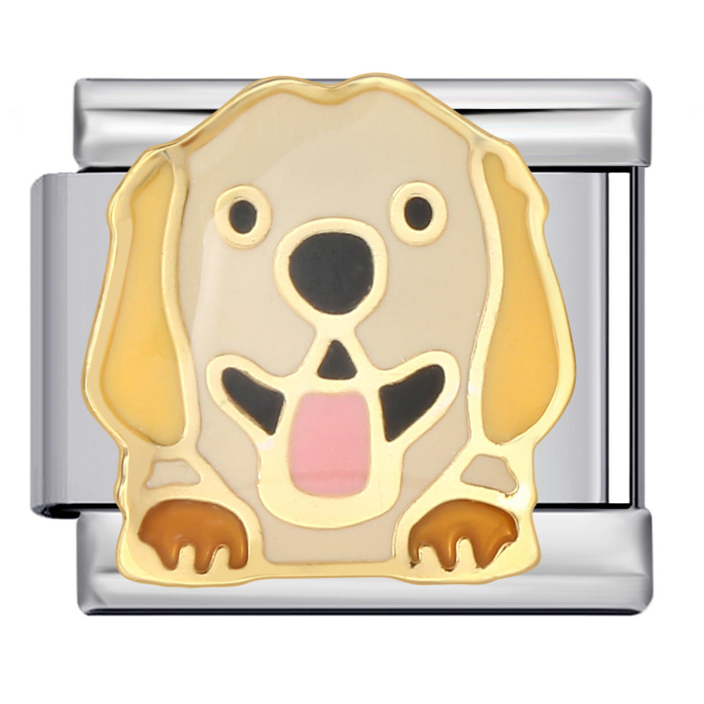 A silver-toned Italian charm link featuring a stylized golden retriever dog face and body in gold, beige, black, and pink enamel.