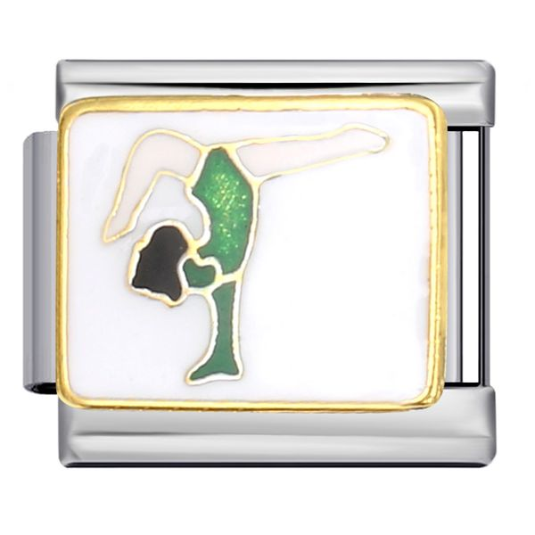 A silver-toned Italian charm link with a gymnast in a handstand pose with green glitter details on a white background outlined in gold