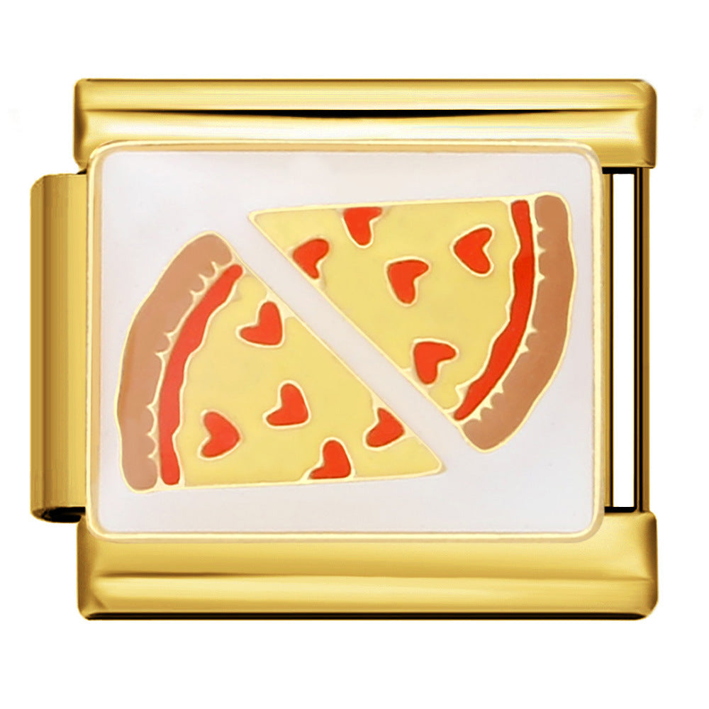 Gold Heart Pepperoni Pizza Italian Charm featuring two yellow cheese pizza slices with red heart-shaped pepperoni, brown crusts, and a white background.