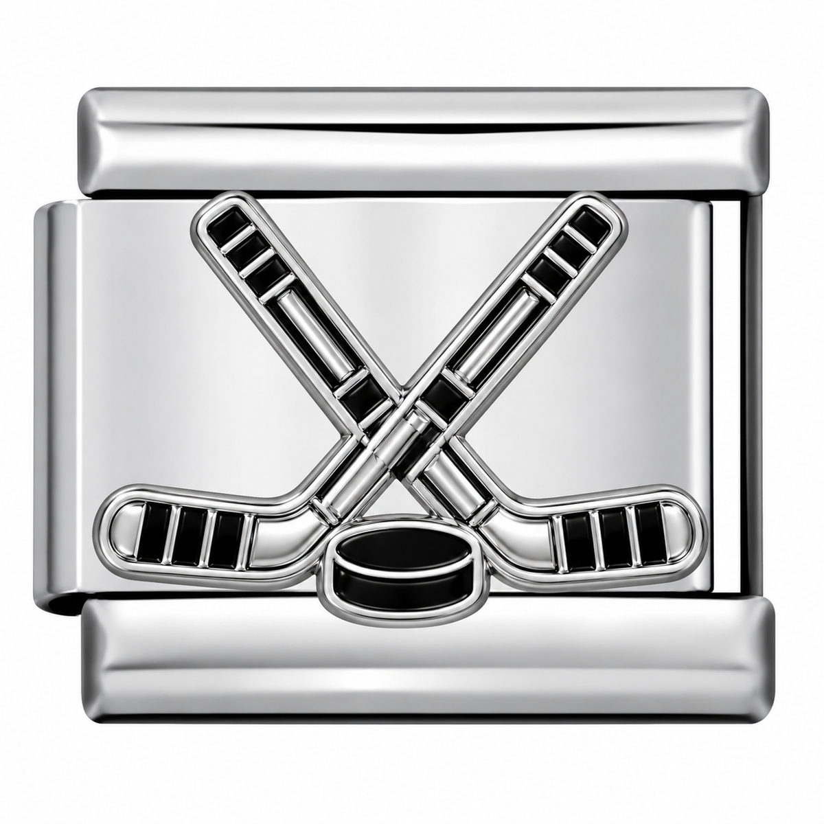 Silver-toned Italian charm link with two crossed hockey sticks and a classic black puck