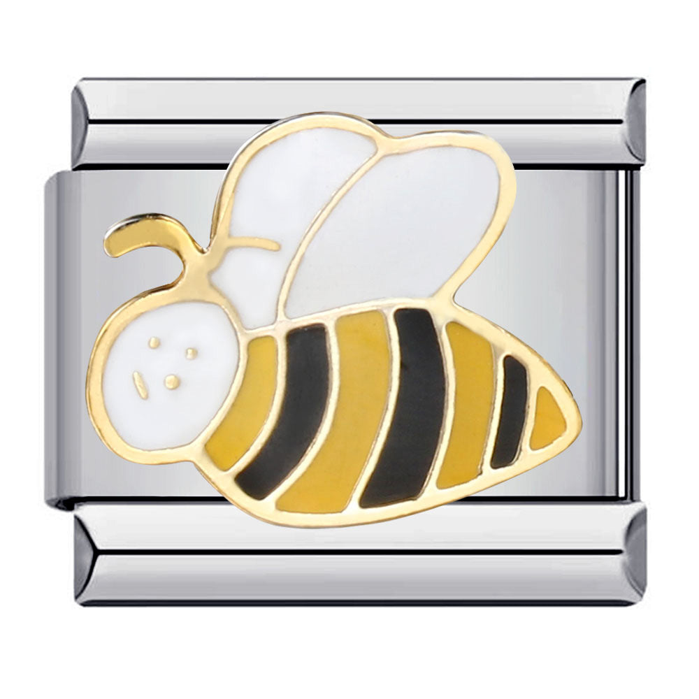 A silver-toned Italian charm link featuring a stylized bumblebee design with gold-plated outlines, a white head and wings, and a black and yellow striped body