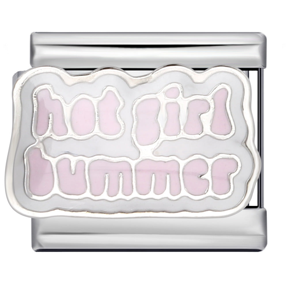 silver toned charm that says 'hot girl summer' in pink letters with a white background