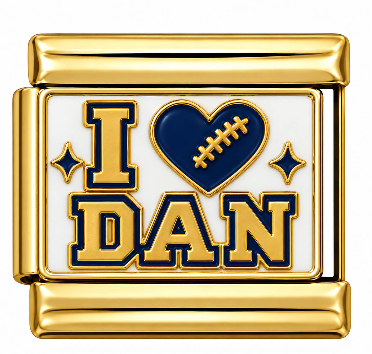 I Heart Dan Gold Italian Charm featuring gold collegiate lettering, navy blue accents, and a football heart design on a white background, inspired by Detroit football.