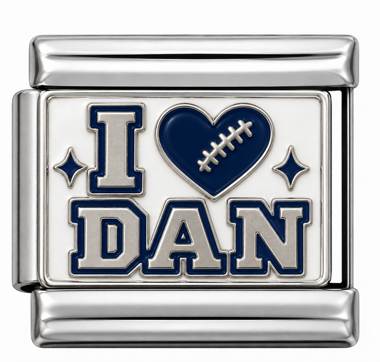 I Heart Dan Silver Italian Charm featuring silver collegiate lettering, navy blue accents, and a football heart design on a white background, inspired by Detroit football.