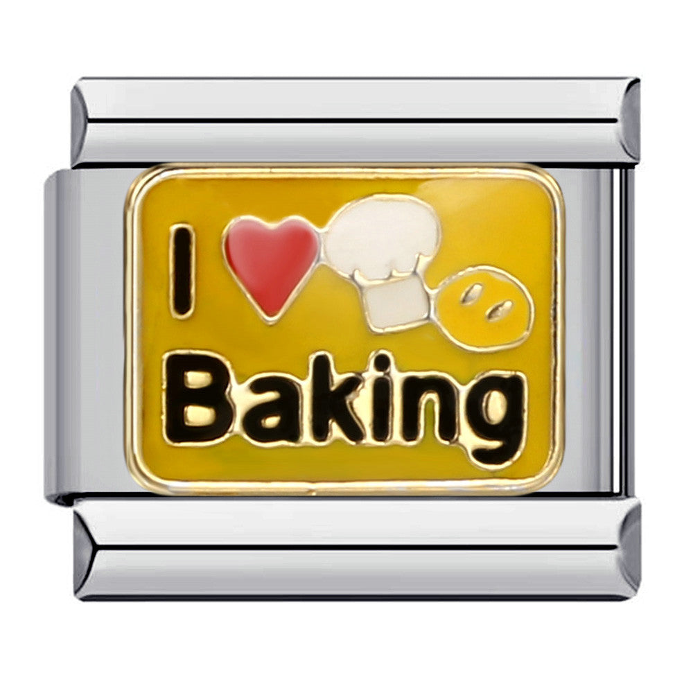 Silver-toned charm link that says "I Love Baking" with a red heard, white chef hat, and yellow smiley face, on a gold background.