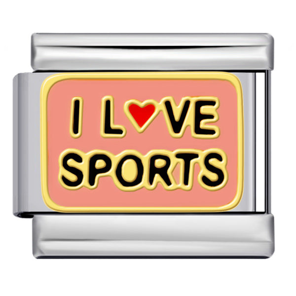 Silver-toned charm link with 'I Love Sports' text on a pink background