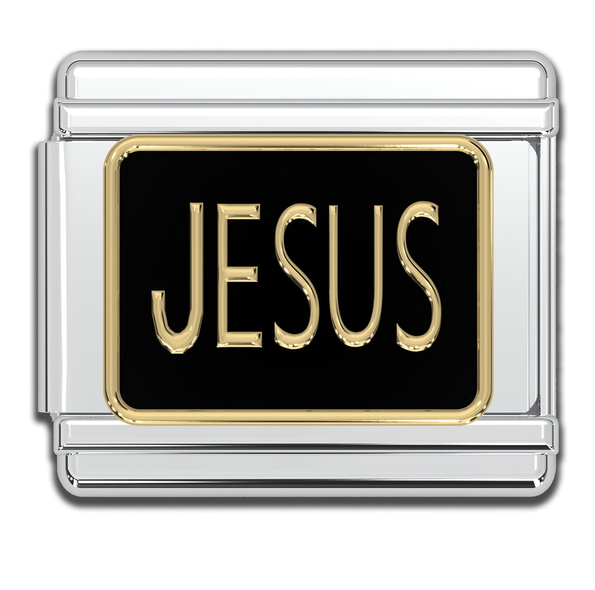 Gold 'JESUS' text on a black background on a silver Italian charm link