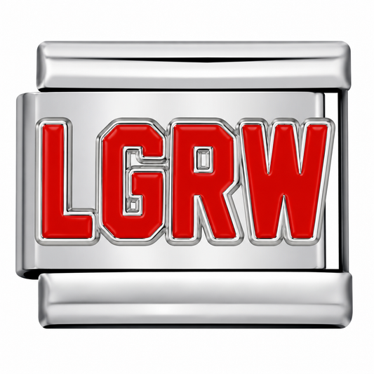 Silver-toned Italian charm link with bold red varsity letters spelling 'LGRW'