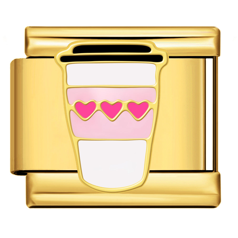 A gold-plated Italian style connector clasp featuring a coffee cup design with pink enamel, three pink hearts, and white enamel section